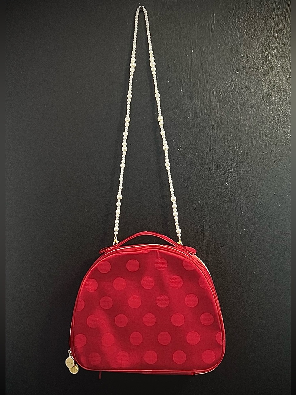 Estee Lauder Red Polka Dot Crossbody Makeup Bag with Pearl Strap